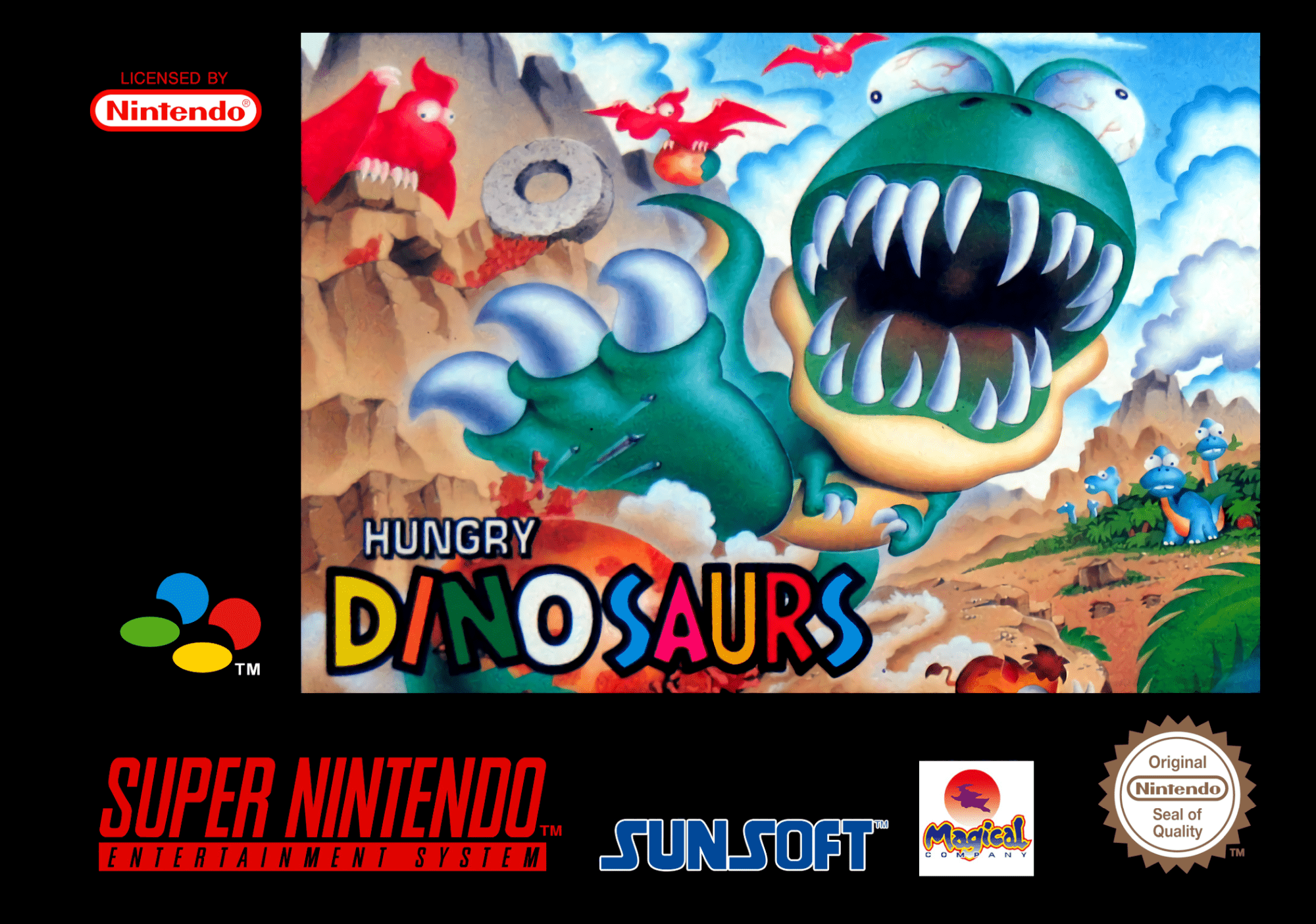 Hungry Dinosaurs box art for Super Nintendo